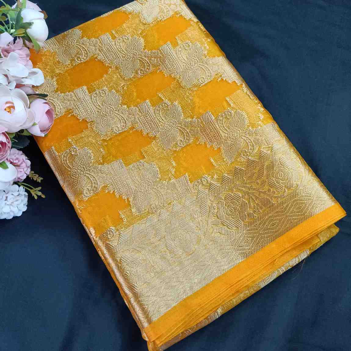 YELLOW LEHARIYA PARTY ORGANZA BANARASI SAREE