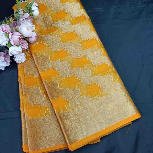 YELLOW LEHARIYA PARTY ORGANZA BANARASI SAREE