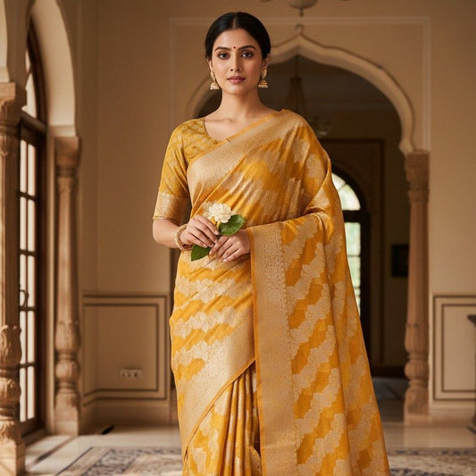 YELLOW LEHARIYA PARTY ORGANZA BANARASI SAREE