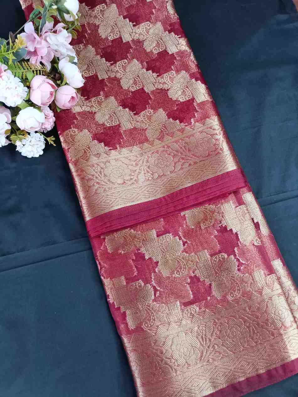 MAROON LEHARIYA PARTY ORGANZA BANARASI SAREE