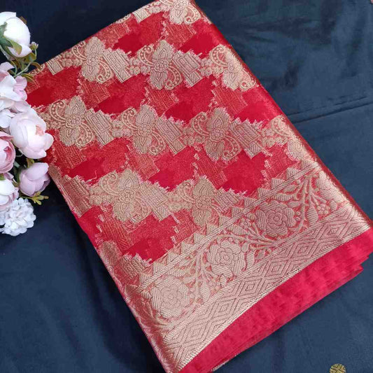 RED LEHARIYA PARTY ORGANZA BANARASI SAREE