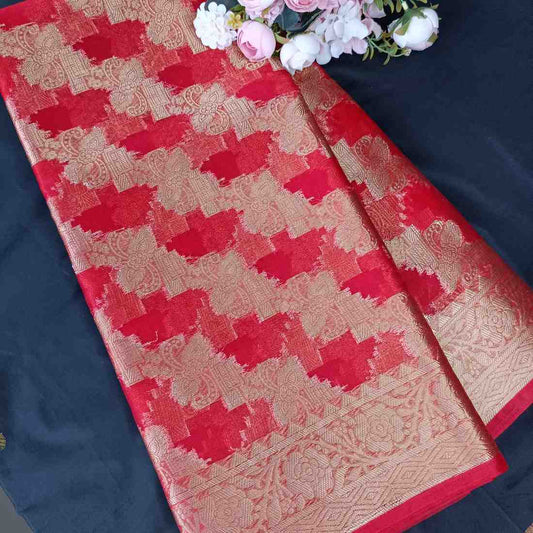RED LEHARIYA PARTY ORGANZA BANARASI SAREE