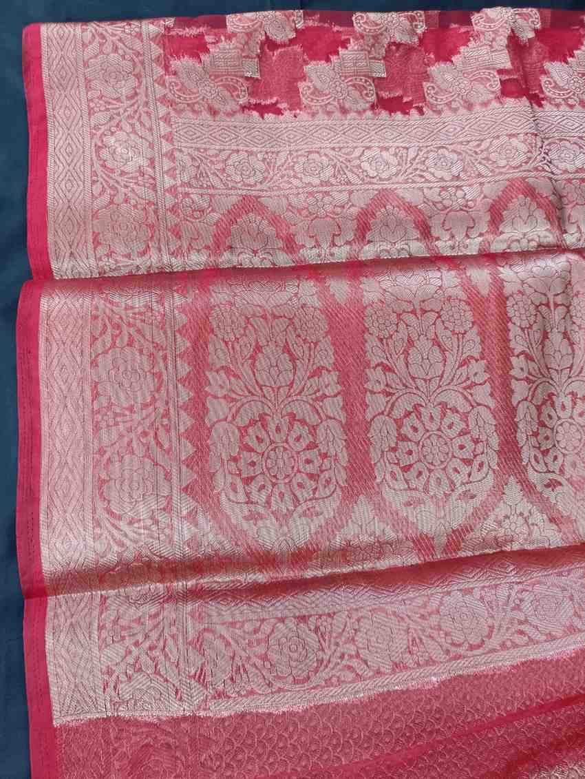 RED LEHARIYA PARTY ORGANZA BANARASI SAREE
