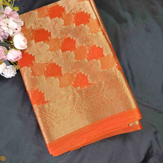 ORANGE LEHARIYA PARTY ORGANZA BANARASI SAREE