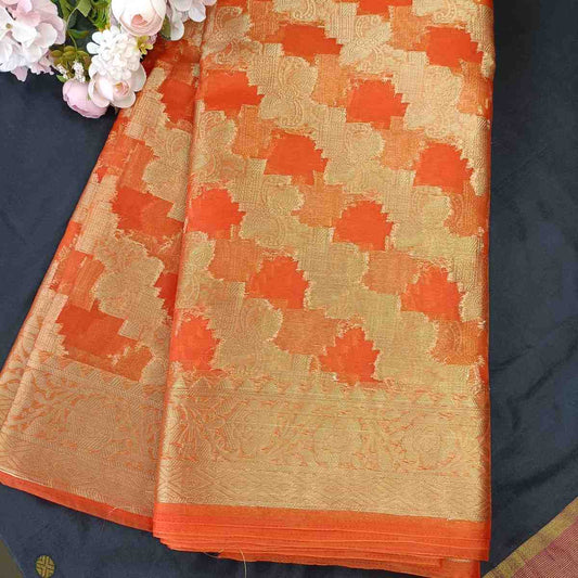 ORANGE LEHARIYA PARTY ORGANZA BANARASI SAREE