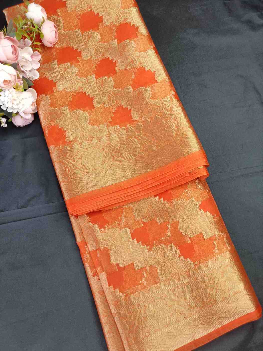 ORANGE LEHARIYA PARTY ORGANZA BANARASI SAREE