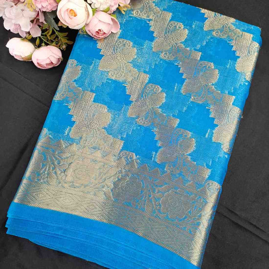 BLUE LEHARIYA PARTY ORGANZA BANARASI SAREE