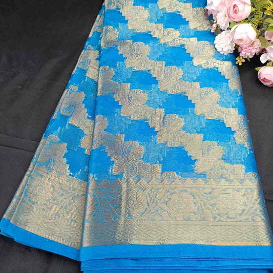 BLUE LEHARIYA PARTY ORGANZA BANARASI SAREE