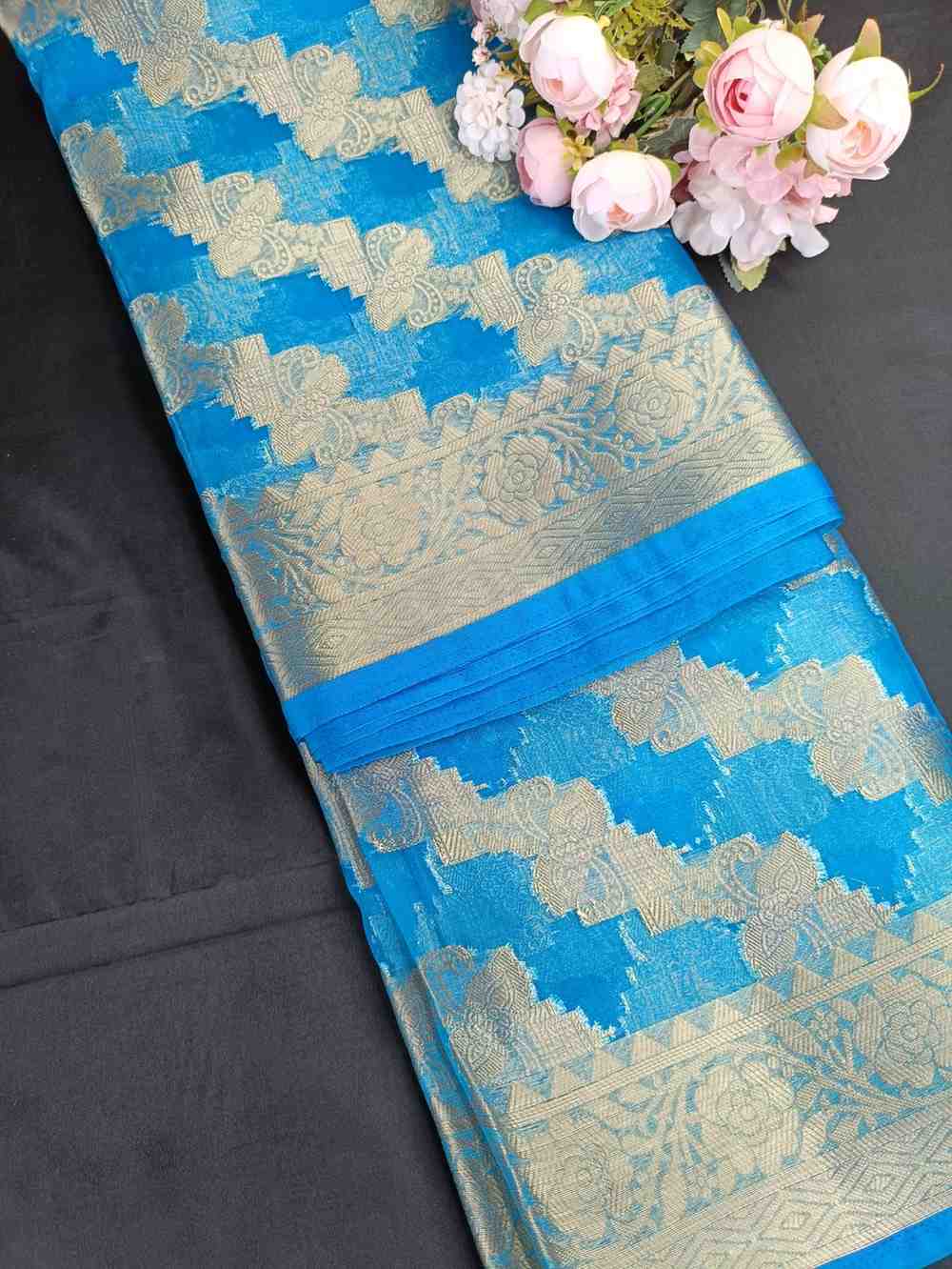 BLUE LEHARIYA PARTY ORGANZA BANARASI SAREE