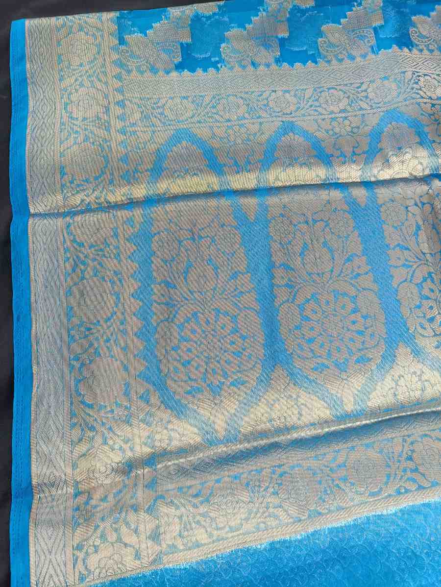 BLUE LEHARIYA PARTY ORGANZA BANARASI SAREE