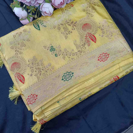 YELLOW FLORAL JAAL BANARASI VISCOSE SAREE