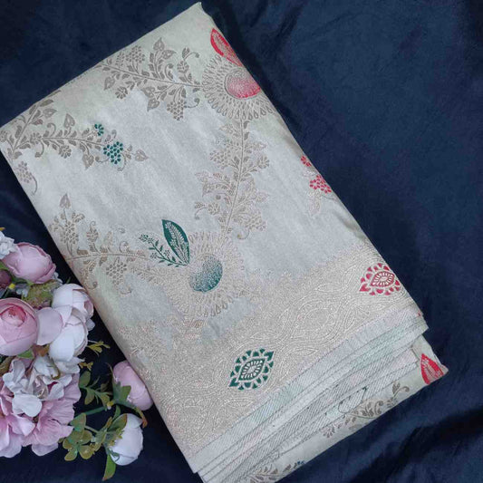 OFF WHITE FLORAL JAAL BANARASI VISCOSE SAREE