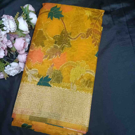 YELLOW MEENAKARI FLORAL JAAL BANARASI ORGANZA SAREE