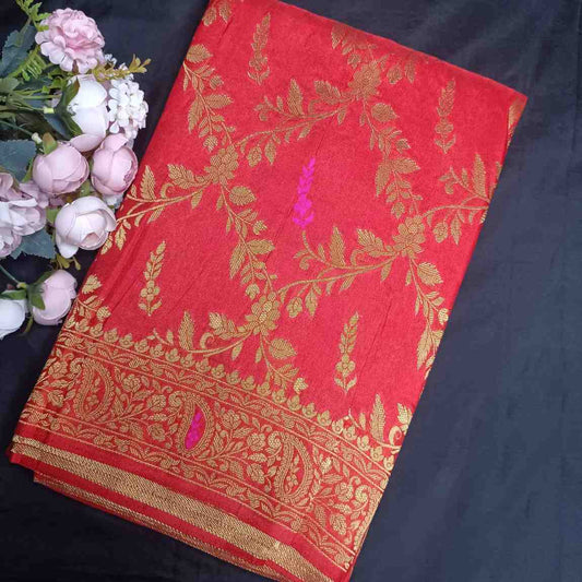 RED FLORAL JAAL BANARASI SEMI SILK SAREE