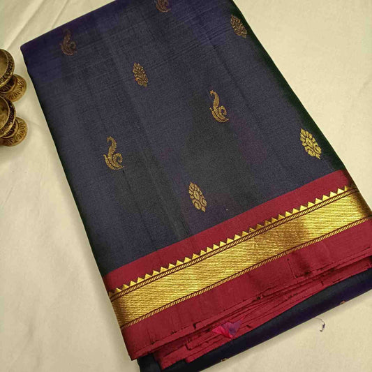 Pure mulberry silk Kanjivaram fabric showing deep navy blue tonal weave