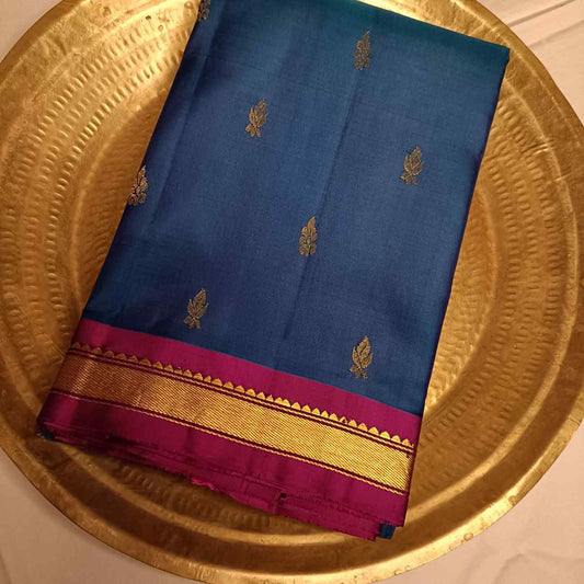 Pure Handloom MS Blue Kanjivaram Silk Saree - Temple Rekku Kaddi Border