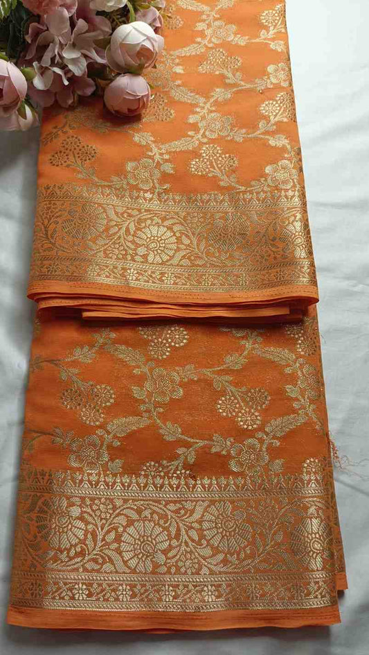 ORANGE TRIFLORAL JAAL BANARASI KHADDI GEORGETTE SAREE