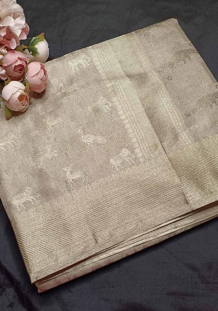 GOLDEN BEIGE SHIKARGAH TISSUE KATAN BANARASI SILK SAREE