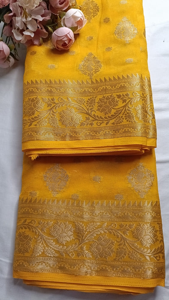 YELLOW MANGO LEAF BUTTA BUTI BANARASI GEORGETTE SAREE