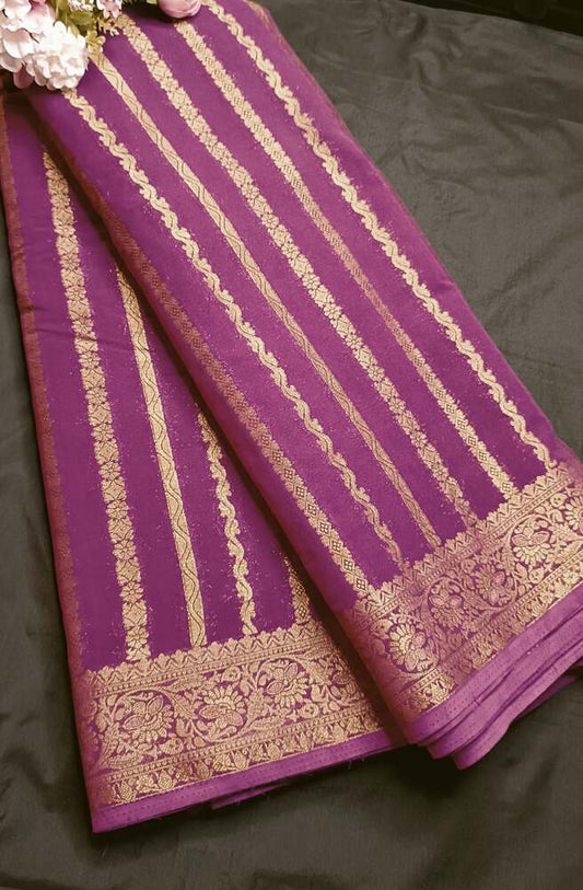 PURPLE STRIPED BANARASI KHADDI GEORGETTE SAREE