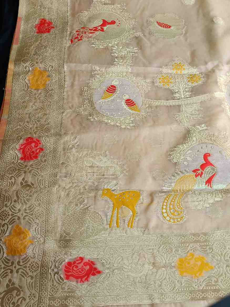 OFF WHITE PARROT PARTY BANARASI ORGANZA SAREE
