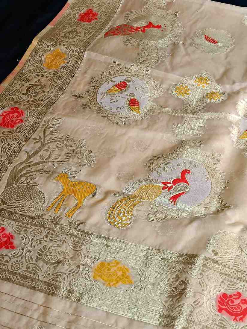 OFF WHITE PARROT PARTY BANARASI ORGANZA SAREE