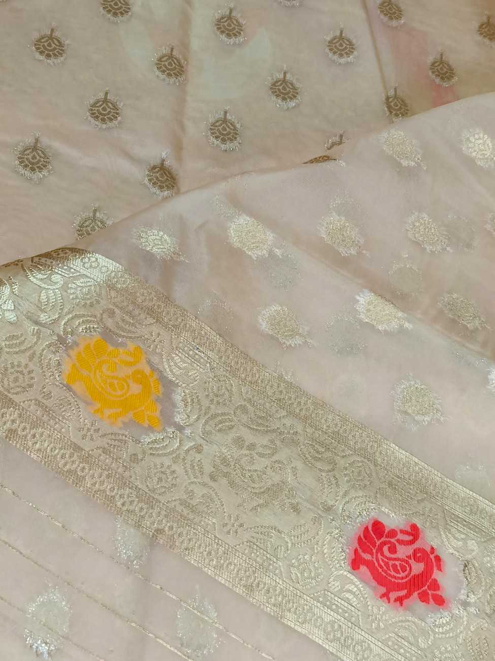 OFF WHITE PARROT PARTY BANARASI ORGANZA SAREE