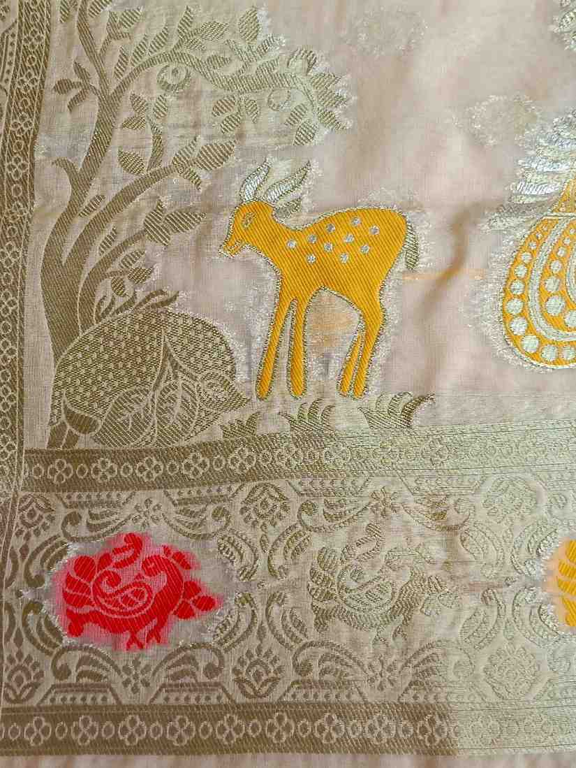 OFF WHITE PARROT PARTY BANARASI ORGANZA SAREE