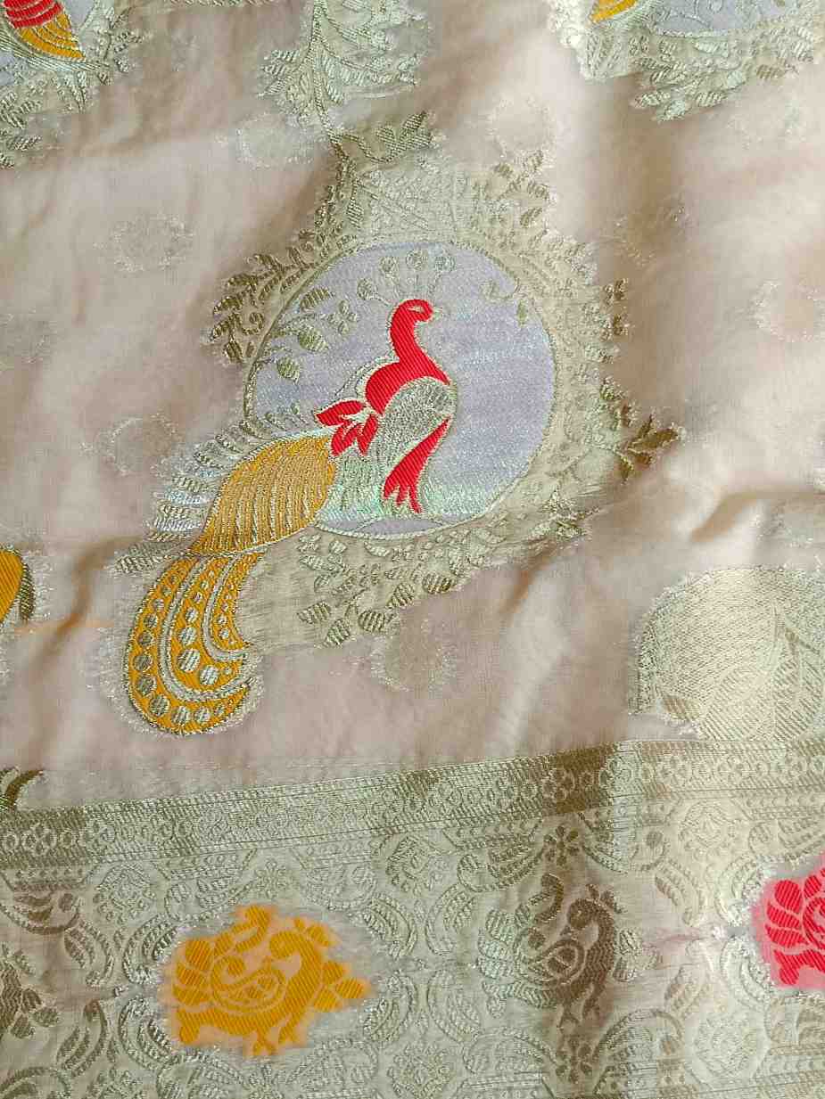 OFF WHITE PARROT PARTY BANARASI ORGANZA SAREE