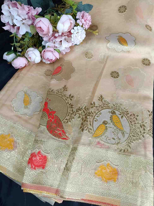 OFF WHITE PARROT PARTY BANARASI ORGANZA SAREE