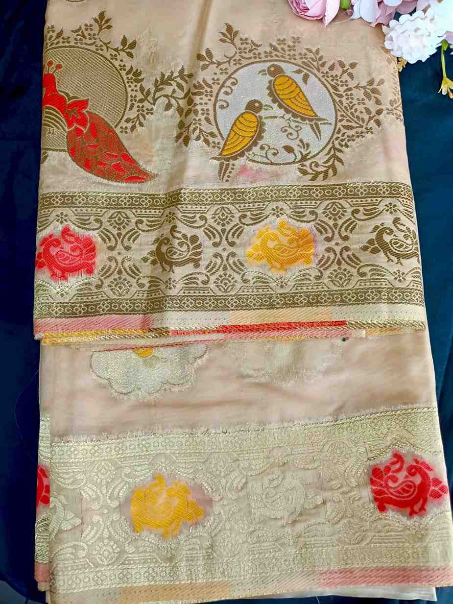 OFF WHITE PARROT PARTY BANARASI ORGANZA SAREE