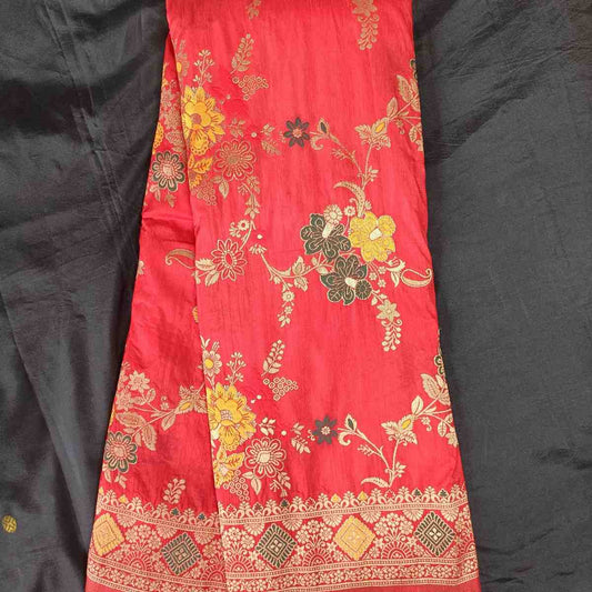 RED FLORAL JAAL PANCH MEENA BANARASI SEMI SILK SAREE
