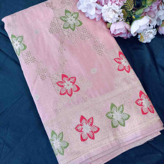 POWDER PEACH FLORAL JAAL MEENA BANARASI VISCOSE SAREE
