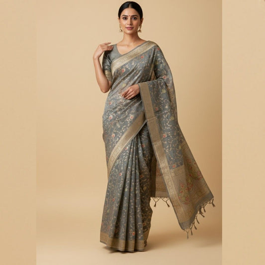 GREY MEENAKARI FLORAL JAAL PURE BANARASI KHADDI GEORGETTE SAREE