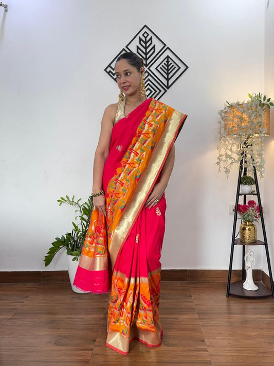 RANI PINK CRANE SEQUIN BANARASI KATAN SILK SAREE