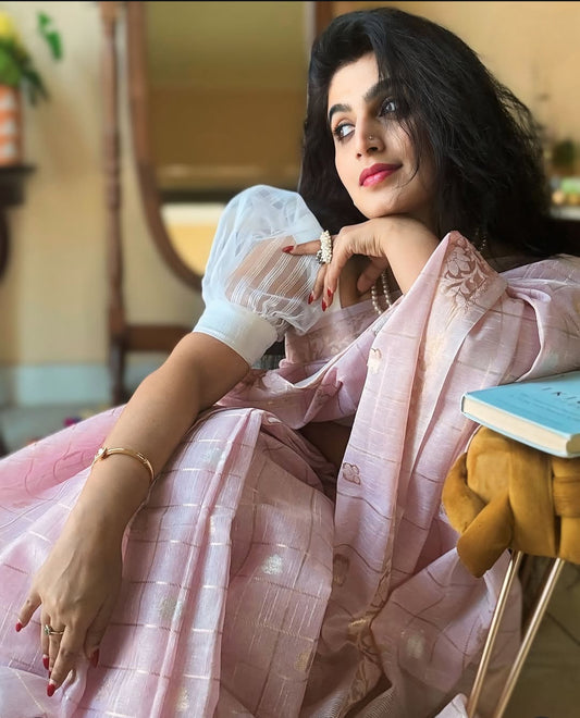 PINK BANARASI LINEN TISSUE SILK SAREE