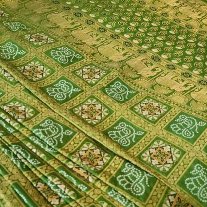 VIBRANT PARROT GREEN CHARM BANDHEJ BANARASI SEMI SILK SAREE