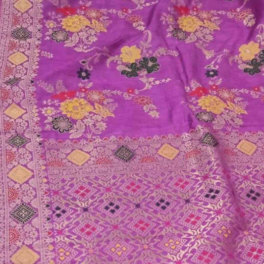 LILAC FLORAL JAAL PANCH MEENA BANARASI SEMI SILK SAREE