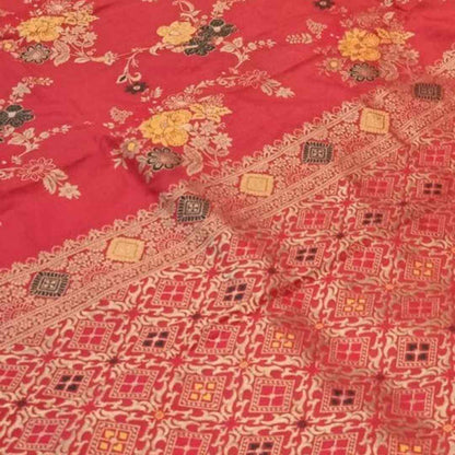 RED FLORAL JAAL PANCH MEENA BANARASI SEMI SILK SAREE