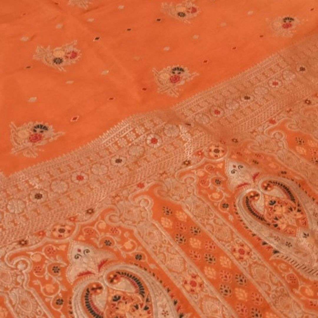 ORANGE MOTIFS MEENAKARI BUTI BANARASI SEMI SILK SAREE
