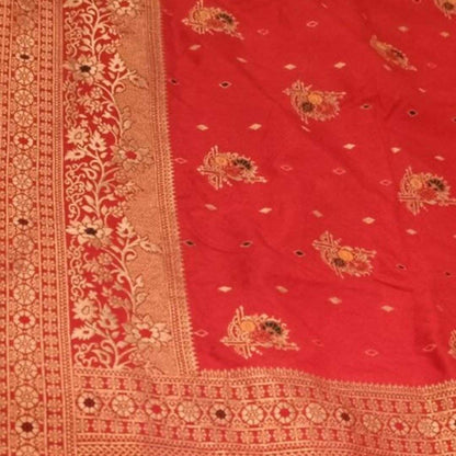 RED MOTIFS MEENAKARI BUTI BANARASI SEMI SILK SAREE