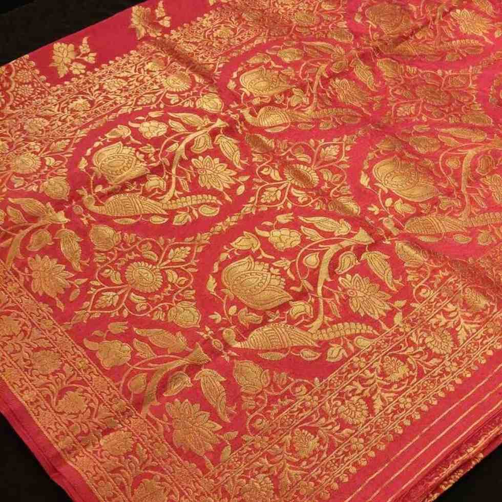 RED PARROT PEACOCK ROSE BUTTA MOTIFS BANARASI SEMI SILK SAREE