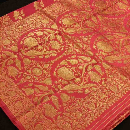 RED PARROT PEACOCK ROSE BUTTA MOTIFS BANARASI SEMI SILK SAREE