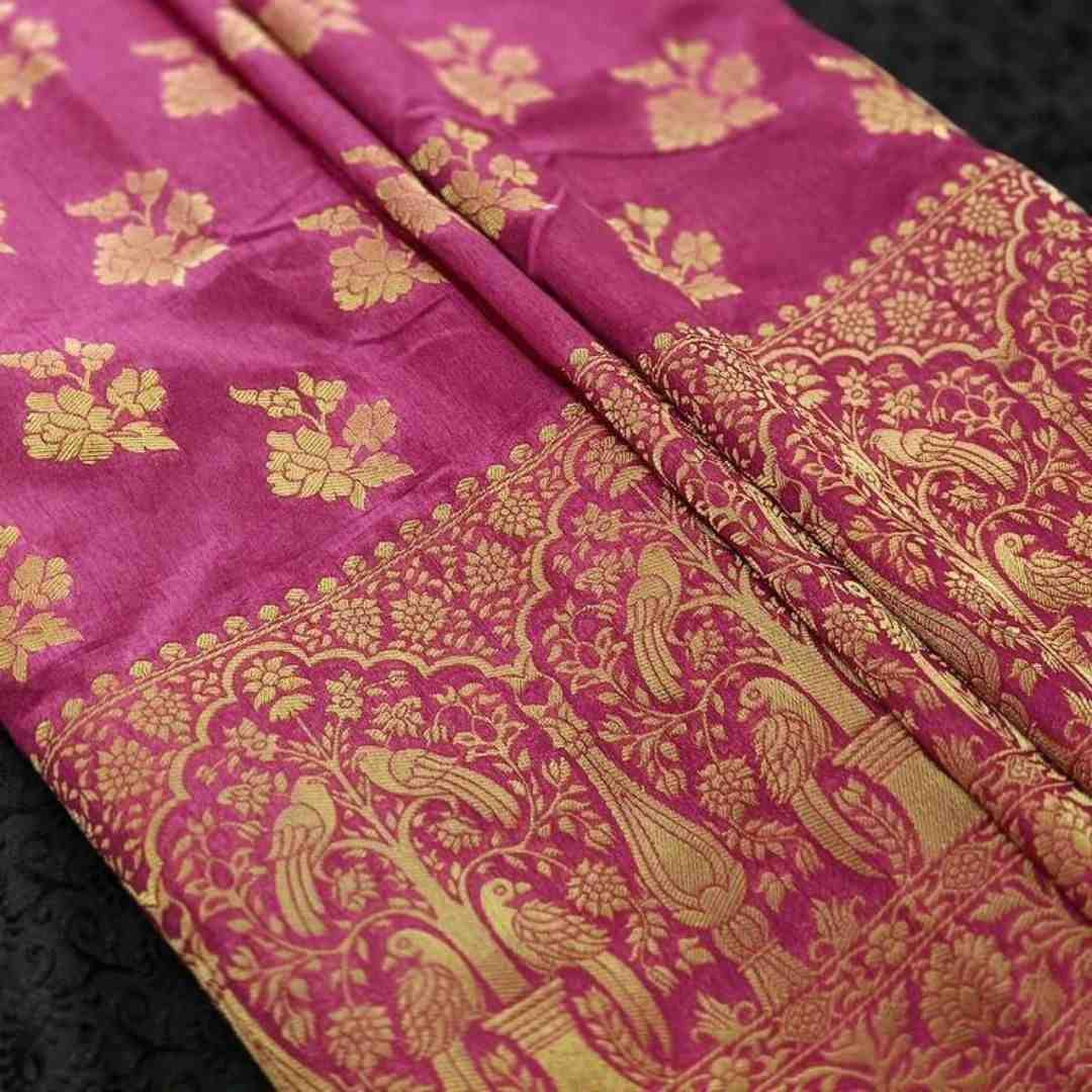 VIOLET PARROT PEACOCK ROSE BUTTA MOTIFS BANARASI SEMI SILK SAREE
