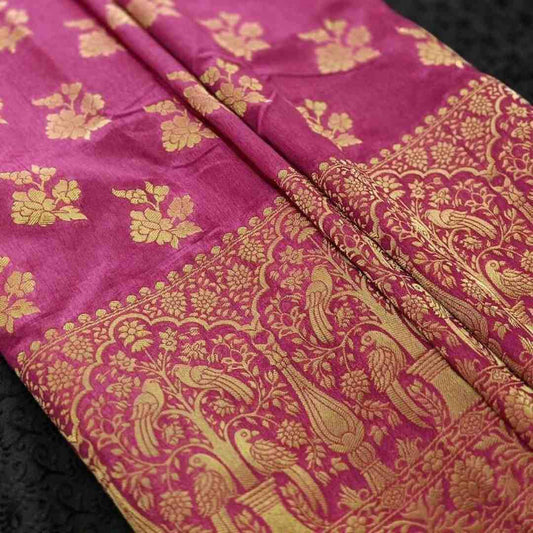 VIOLET PARROT PEACOCK ROSE BUTTA MOTIFS BANARASI SEMI SILK SAREE