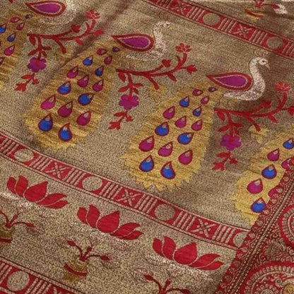 RED PEACOCK BUTTA MOTIFS BANARASI SEMI SILK SAREE
