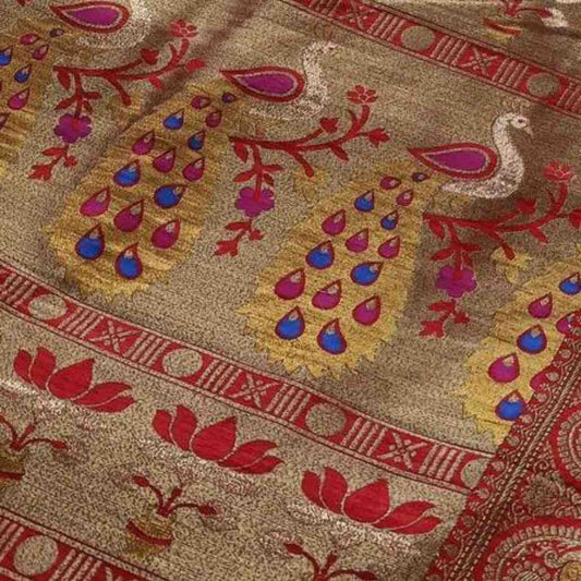 RED PEACOCK BUTTA MOTIFS BANARASI SEMI SILK SAREE