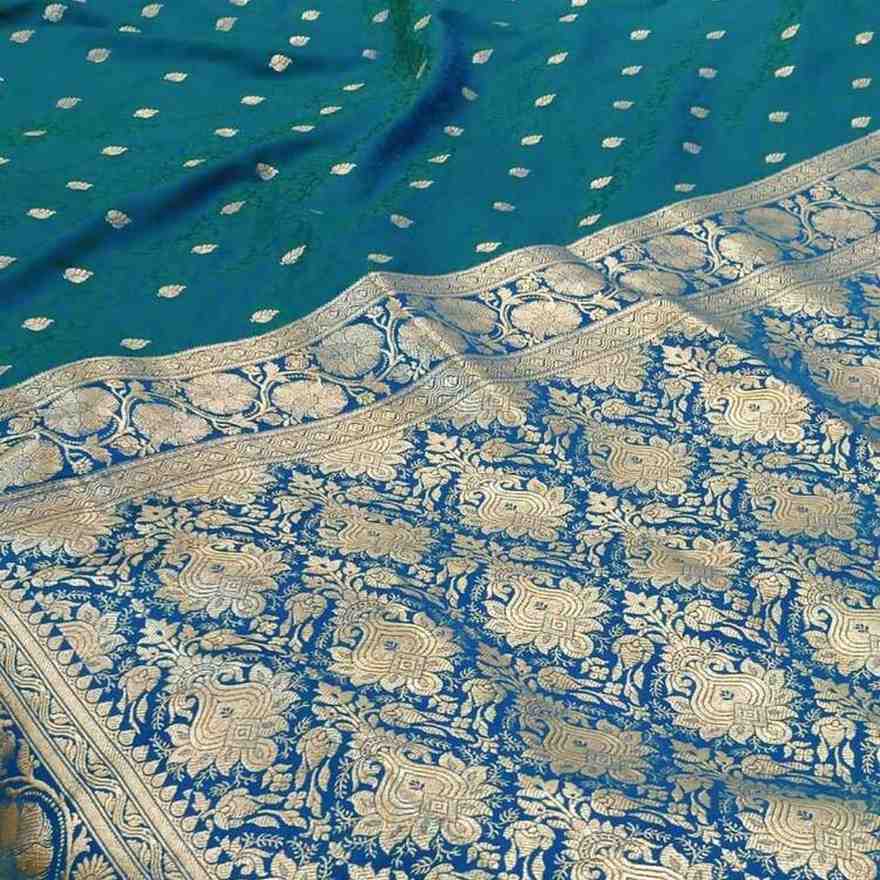 PEACOCK BLUE FLORAL TANCHUI BUTI BANARASI KATAN SILK SAREE
