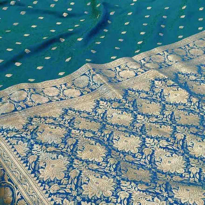 PEACOCK BLUE FLORAL TANCHUI BUTI BANARASI KATAN SILK SAREE