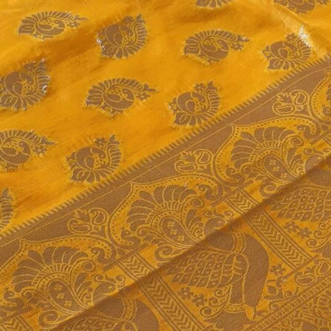 YELLOW PEACOCK BUTTA MOTIFS BANARASI SEMI SILK SAREE